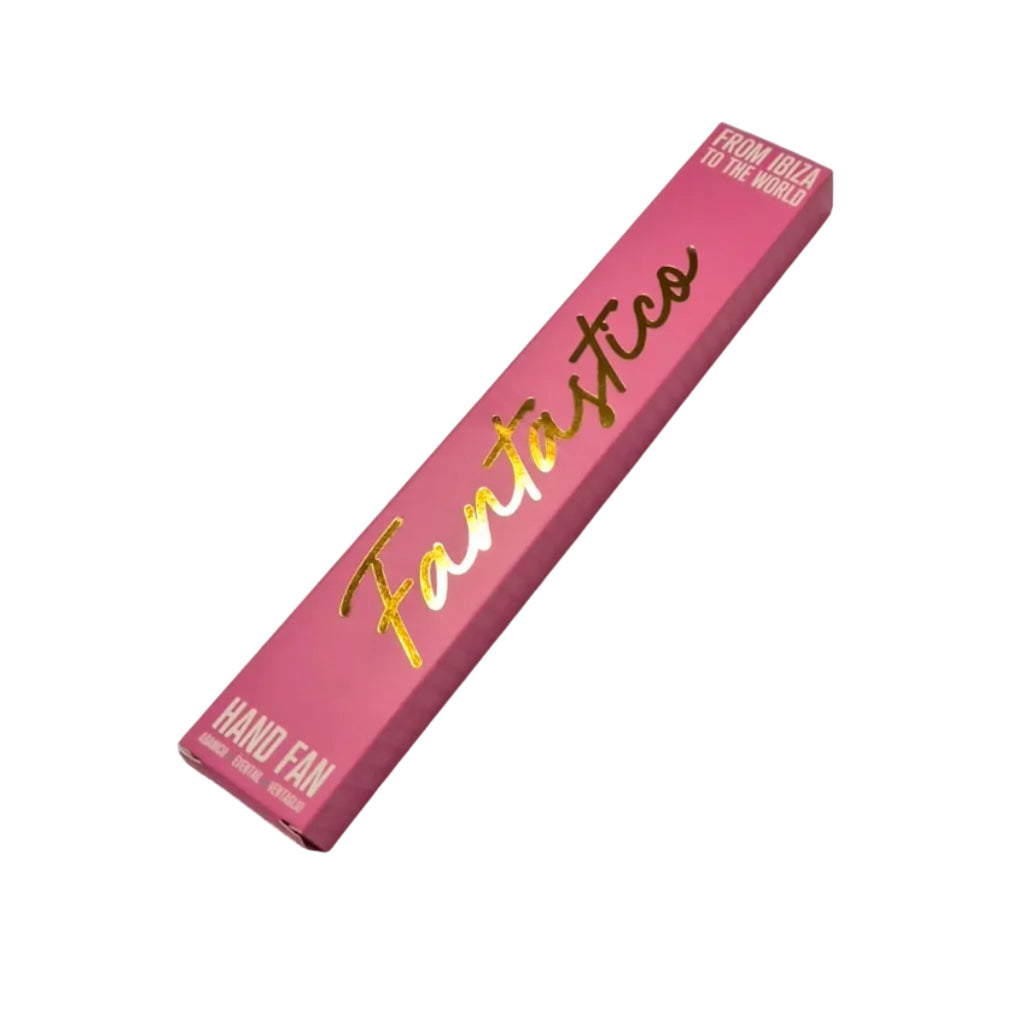 Pink hand fan with 'Fantastico' branding on a white background
