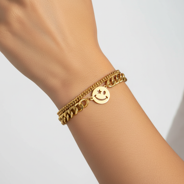 Wink Smiley Gold Plated Chunky 2 Row Bracelet product shot.